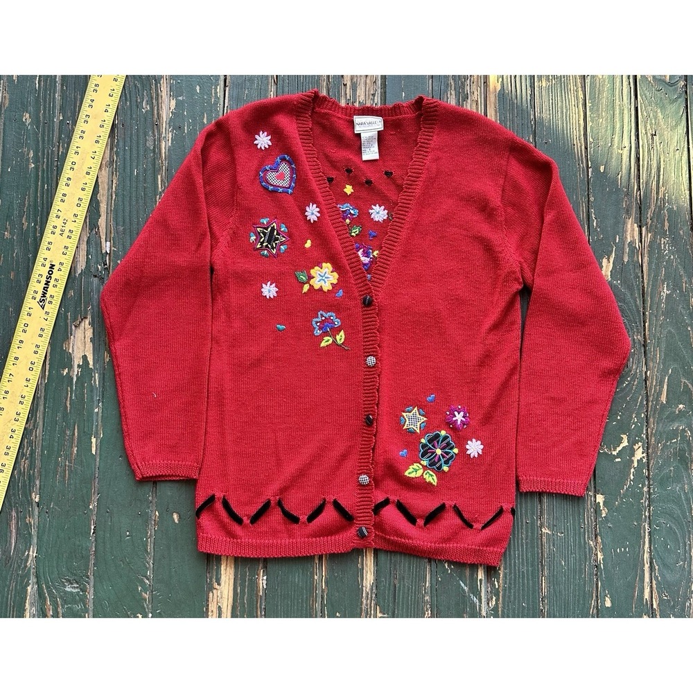 Napa Valley Grandma Embroidered Floral Red Cardigan Petite‎ Small Vintage